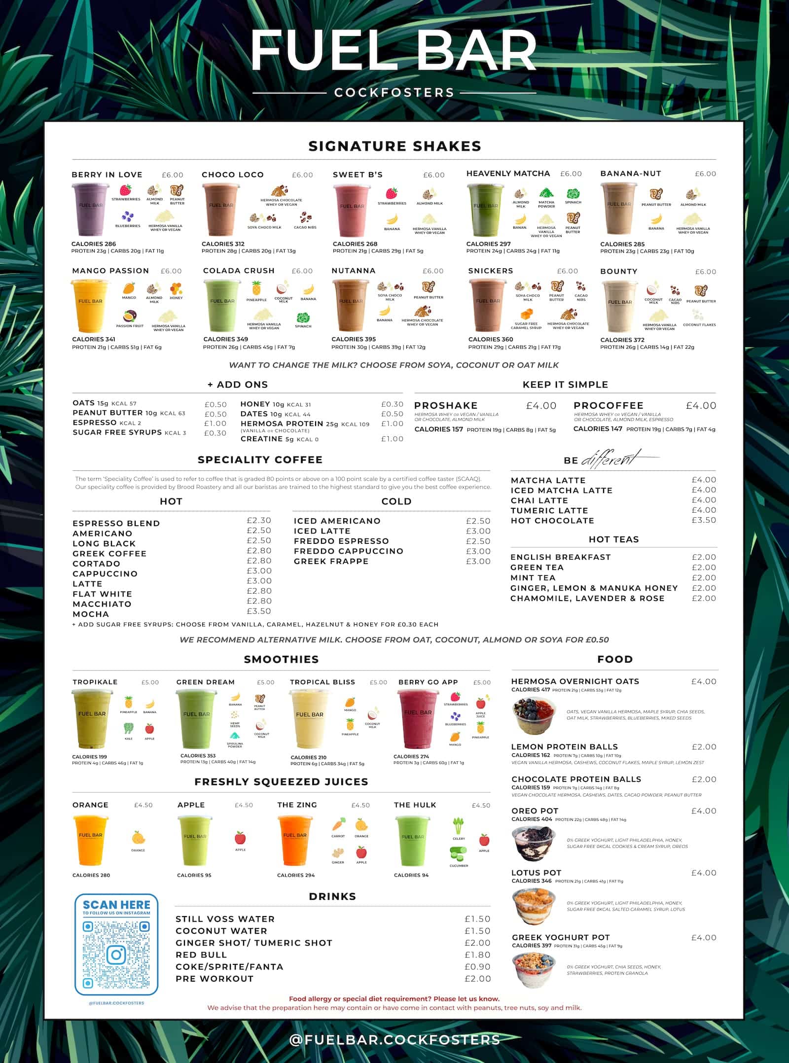 Fuel bar menu protein shakes coffee juices healthy snacks meals Cockfosters takeaway ubereats